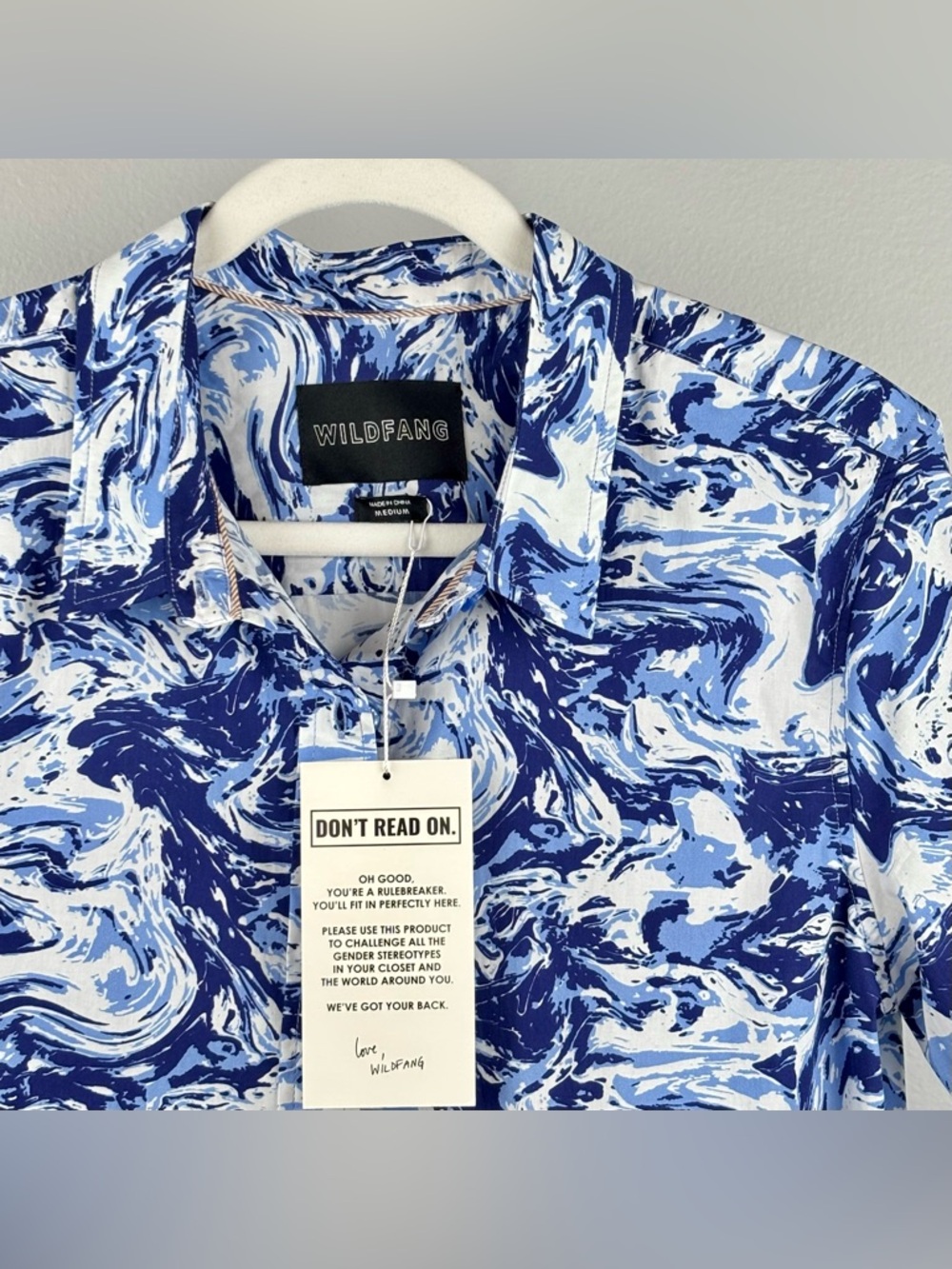 Wildfang Essential Short Sleeve Button-Up Shirt in Blue and White Wave - Picture 3 of 6